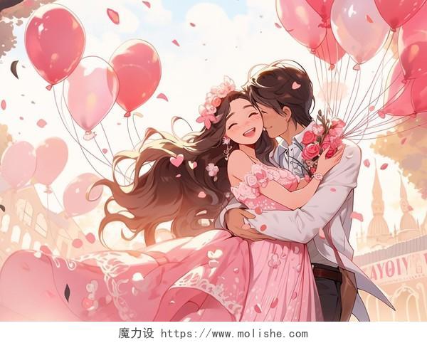 情侣浪漫拥抱跳舞甜蜜氛围七夕情人节粉色玫瑰气球水彩插画人物唯美梦幻日漫